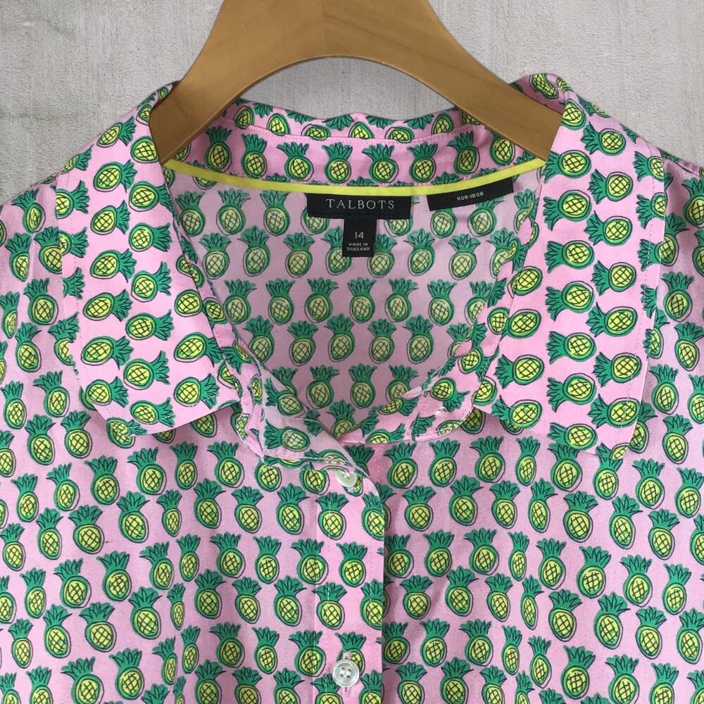 Talbots Non-Iron Sleeveless Shirt Pink Pineapple Scalloped Trim Blouse Size 14 - Picture 4 of 5
